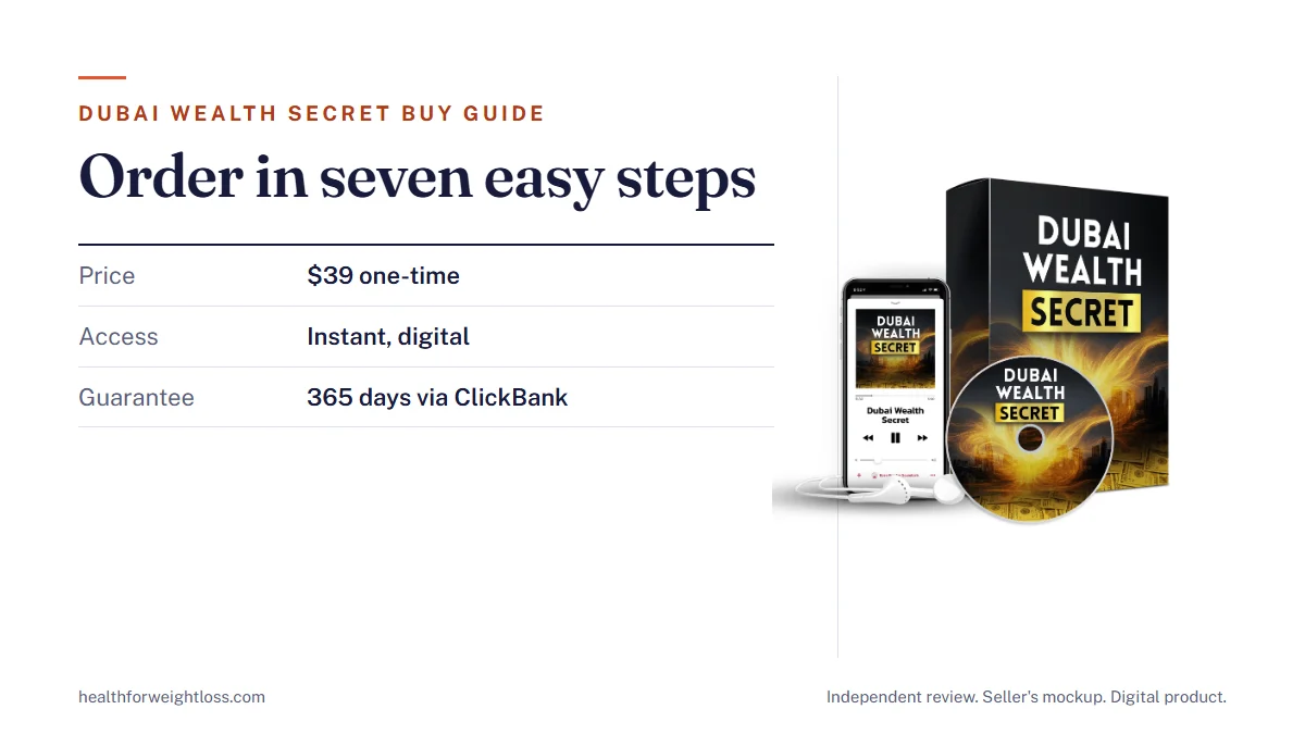 Dubai Wealth Secret buy guide: the seller's mockup beside the seven ordering steps, the $39 price and the 365-day guarantee