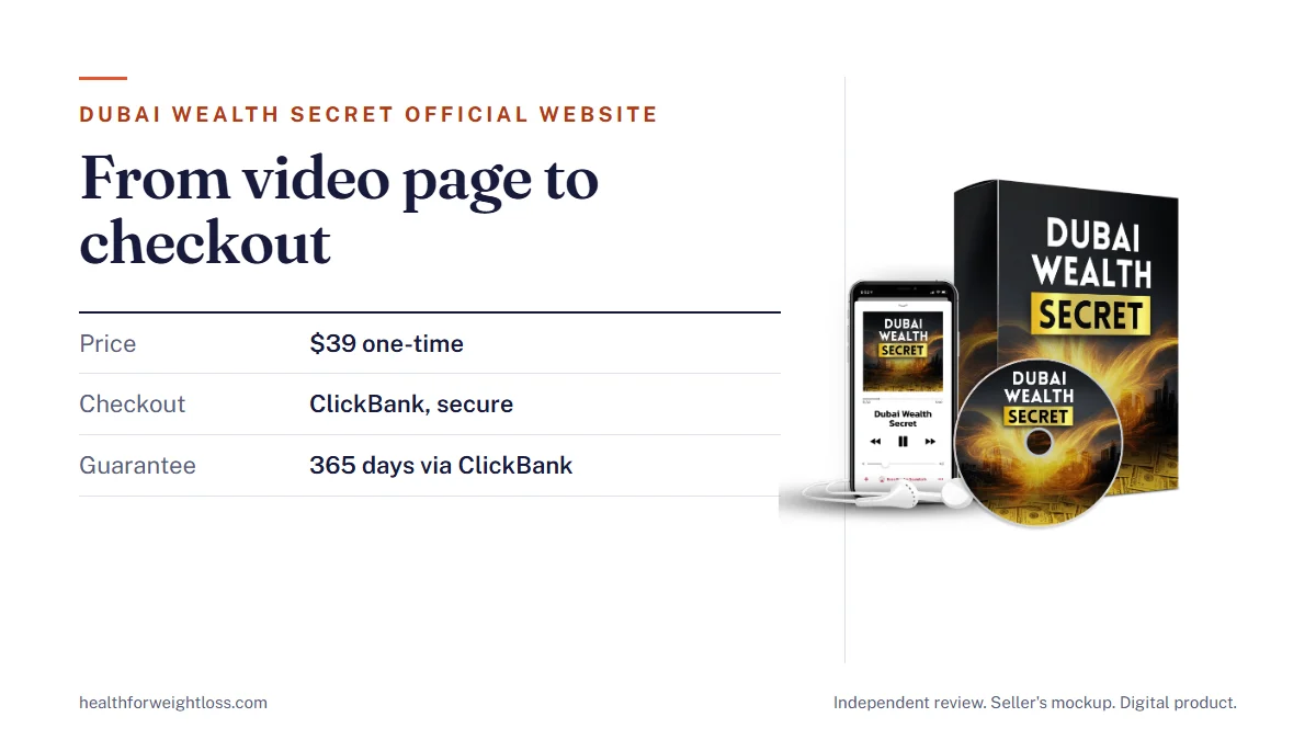 Dubai Wealth Secret official website: the seller's mockup beside the safe path from the video page