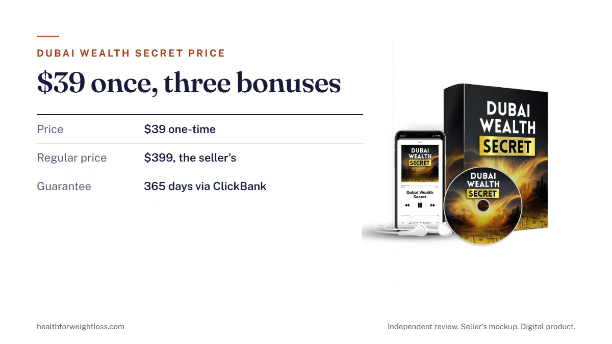Dubai Wealth Secret price: the seller's mockup beside the $39 one-time price, the $399 regular price