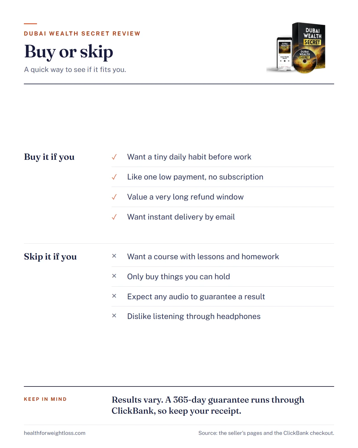 Dubai Wealth Secret review infographic: a buy-or-skip table and the checkout steps in order
