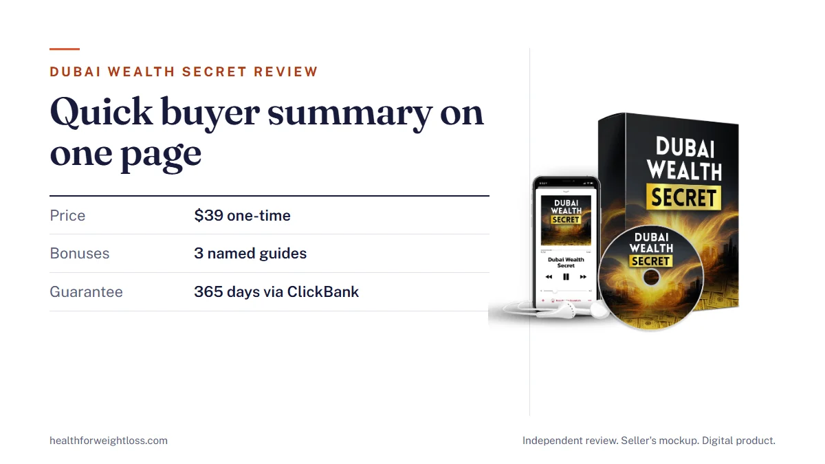 Dubai Wealth Secret review: the seller's product mockup beside the price, the bonuses and the guarantee at a glance