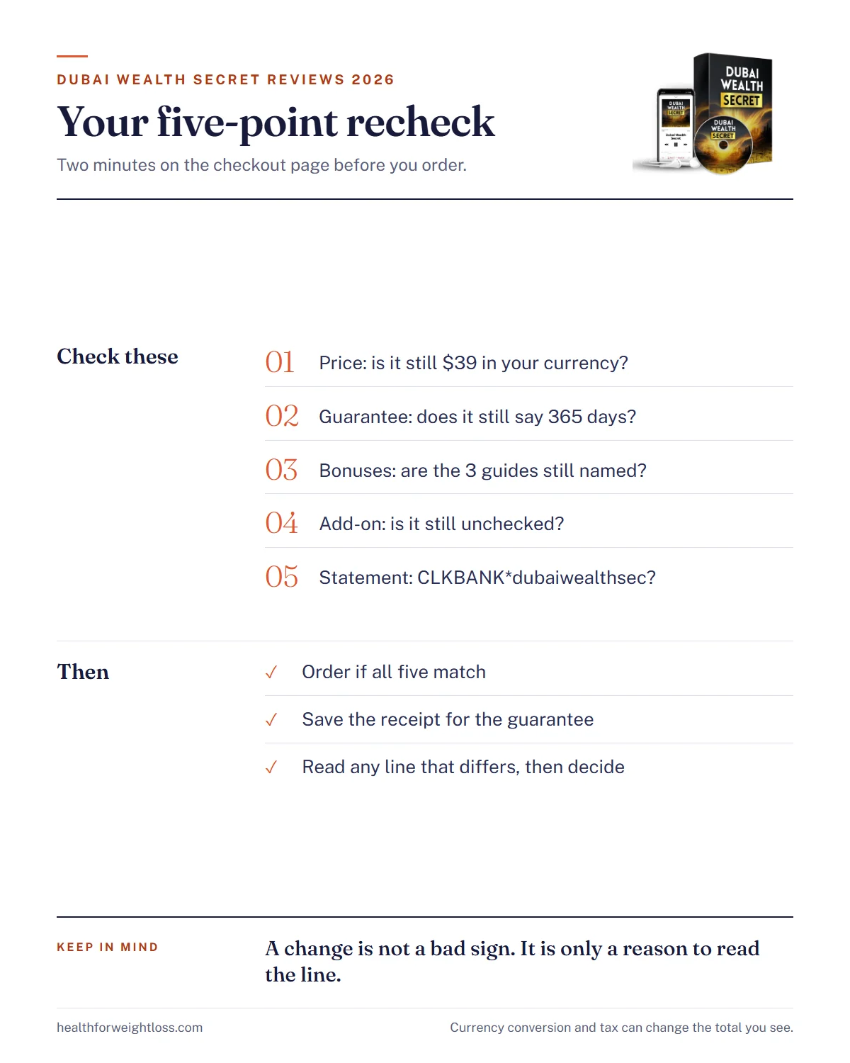 Dubai Wealth Secret reviews 2026 infographic: a five-point checklist to repeat on the checkout before ordering