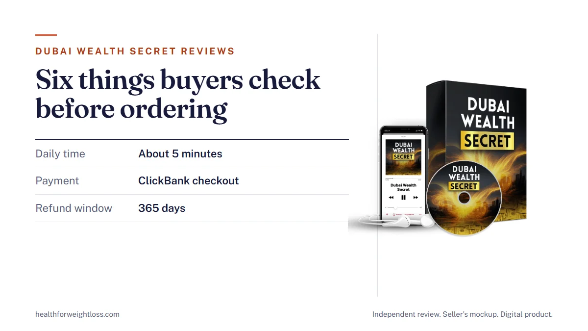 Dubai Wealth Secret reviews: the seller's product mockup beside the six things buyers check before ordering a digital audio