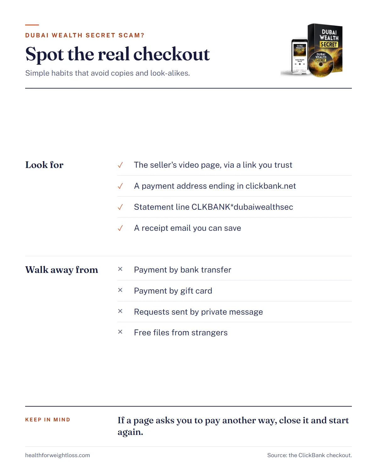 Dubai Wealth Secret scam infographic: how to spot the real checkout and avoid look-alike pages