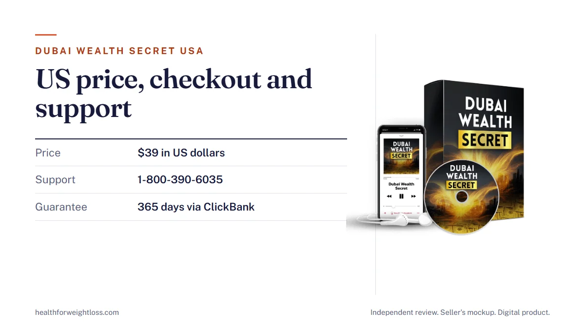 Dubai Wealth Secret USA: the seller's mockup beside the US dollar price, the ClickBank checkout
