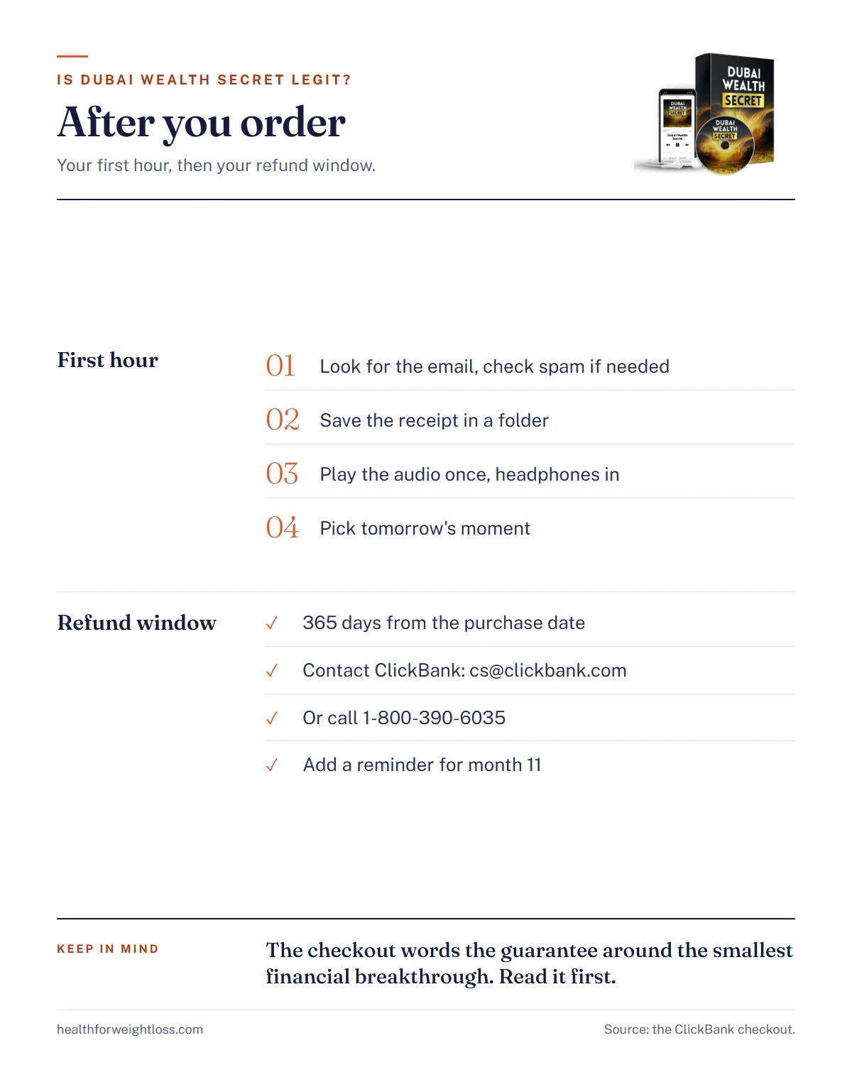 Is Dubai Wealth Secret legit infographic: what to look for on the checkout page and how to use the 365-day refund window