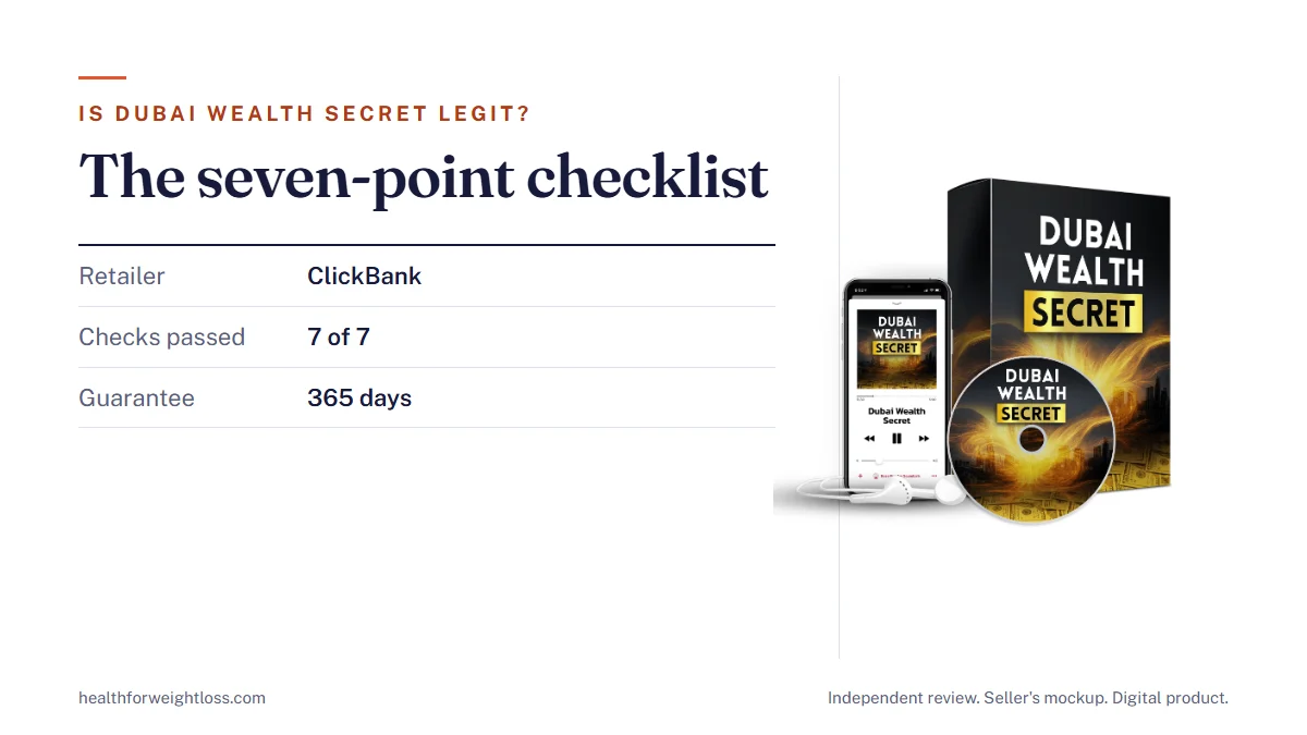 Is Dubai Wealth Secret legit: the seller's product mockup beside a seven-point checklist covering vendor, checkout