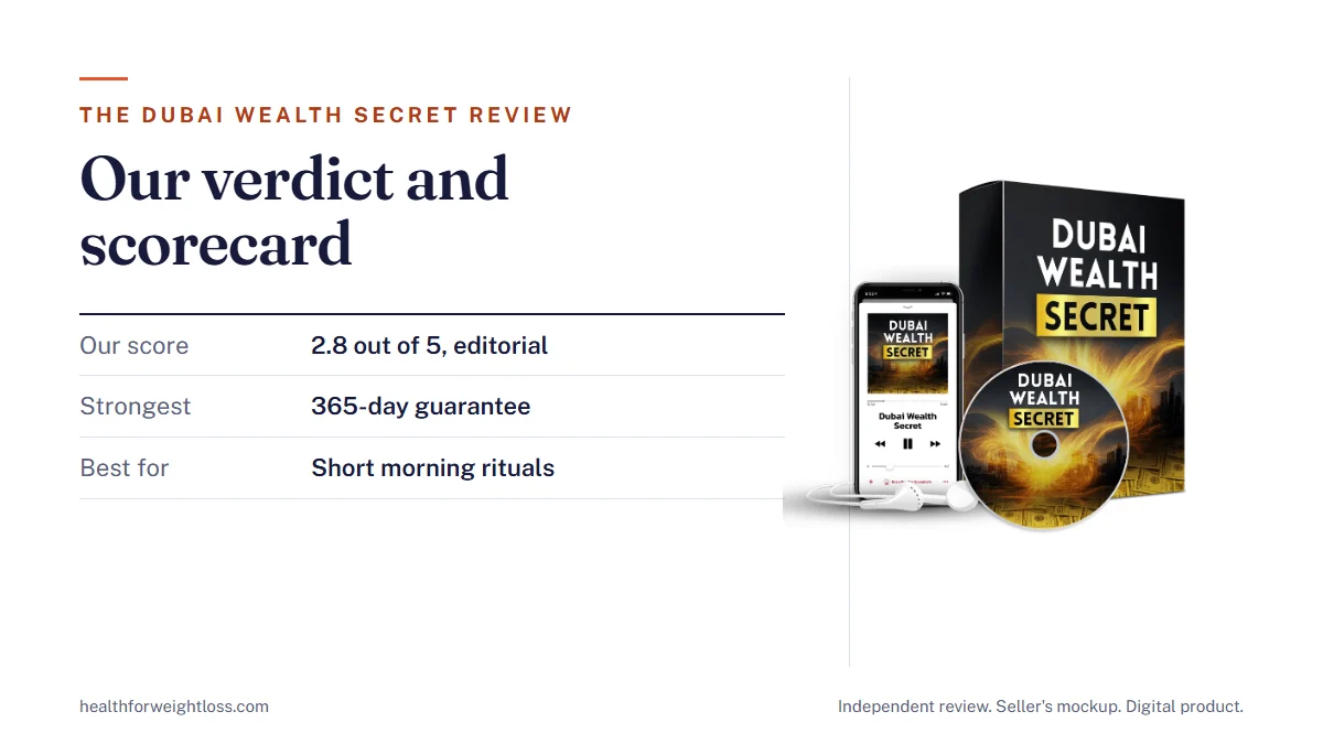 Dubai Wealth Secret review: the seller's product mockup beside our 2.8 out of 5 editorial score, the strongest points