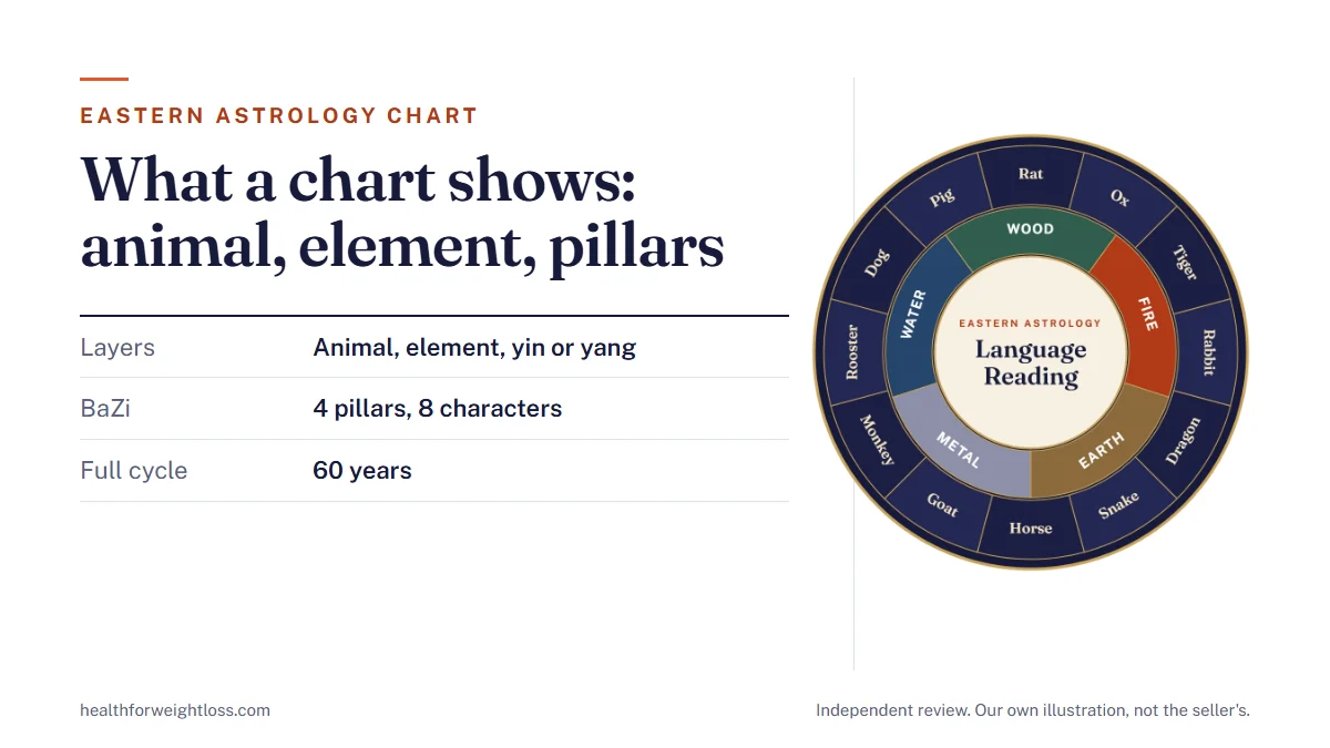 Eastern astrology chart: our own illustration of a chart wheel with the 12 animals and five elements
