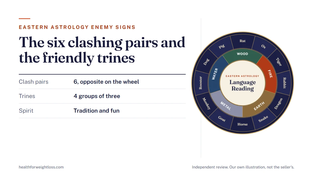 Eastern astrology enemy signs: our own chart-wheel illustration beside the six clashing animal pairs