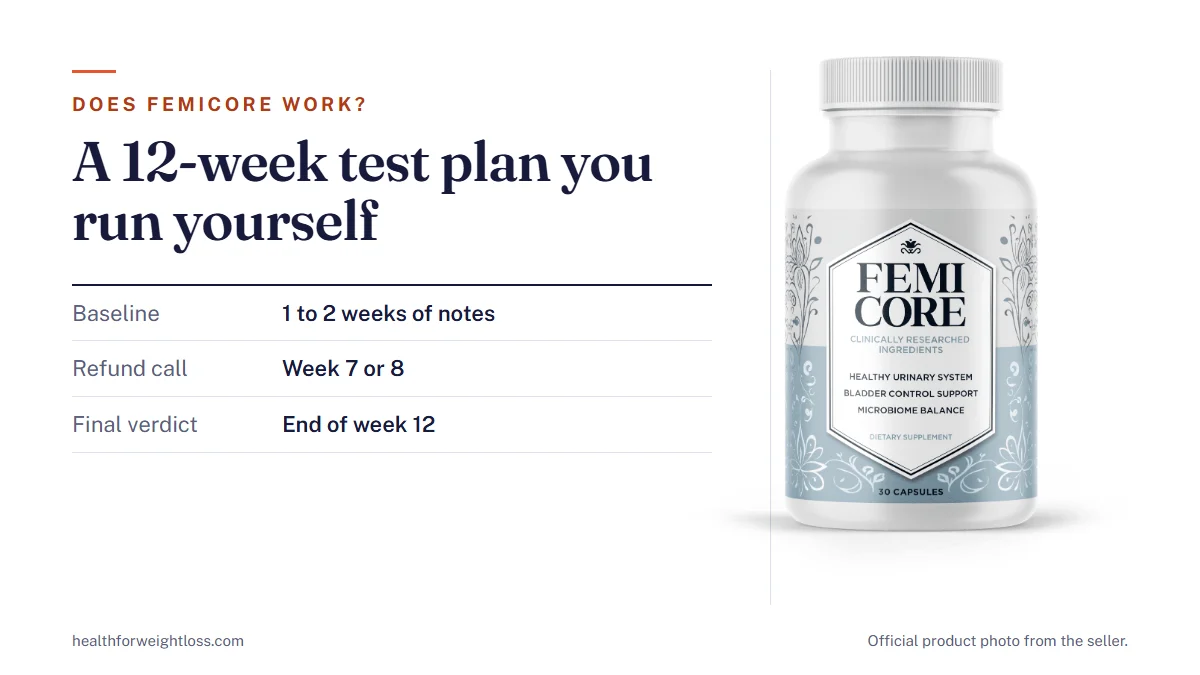 Does FemiCore work: the official FemiCore bottle beside a 12-week personal test plan with baseline weeks, checkpoints