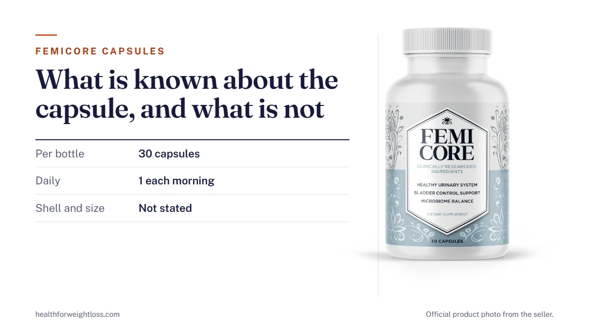 FemiCore capsules: the official FemiCore bottle beside the capsule count, the one-a-day dose