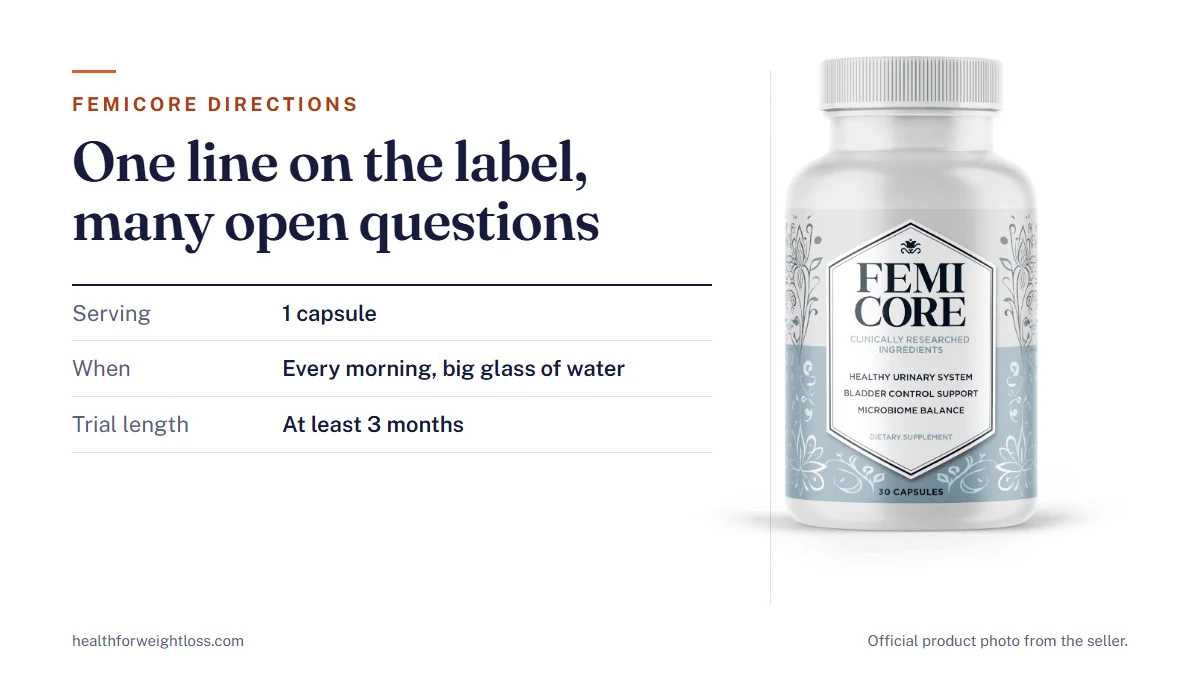 FemiCore directions: the official FemiCore bottle beside the one-line instruction, the gaps in it and questions