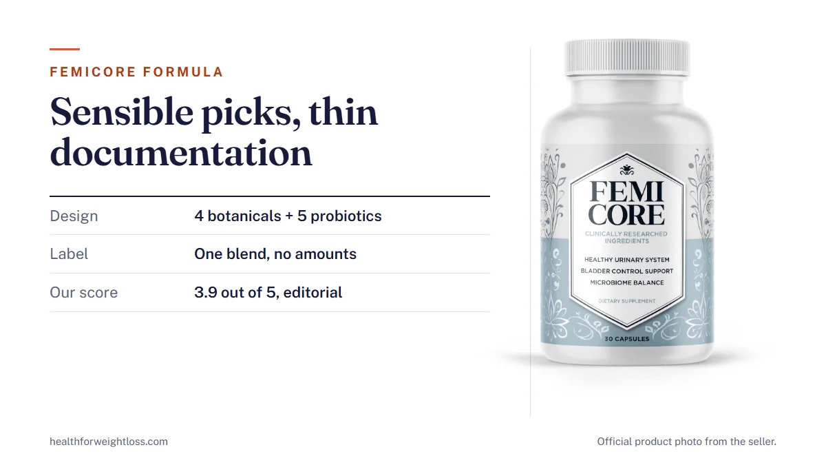 FemiCore formula: the official FemiCore bottle beside the botanical half, the probiotic half and the label gaps in its blend