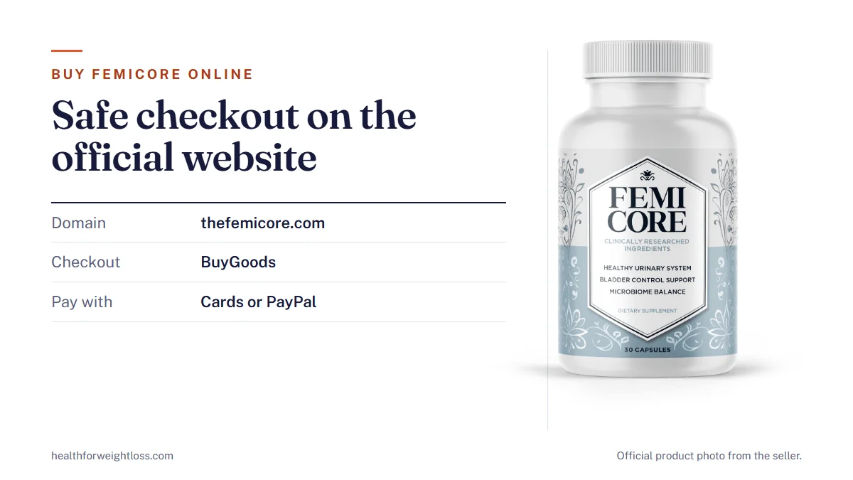 FemiCore official website buy online: the official FemiCore bottle beside a safe checkout checklist and the records