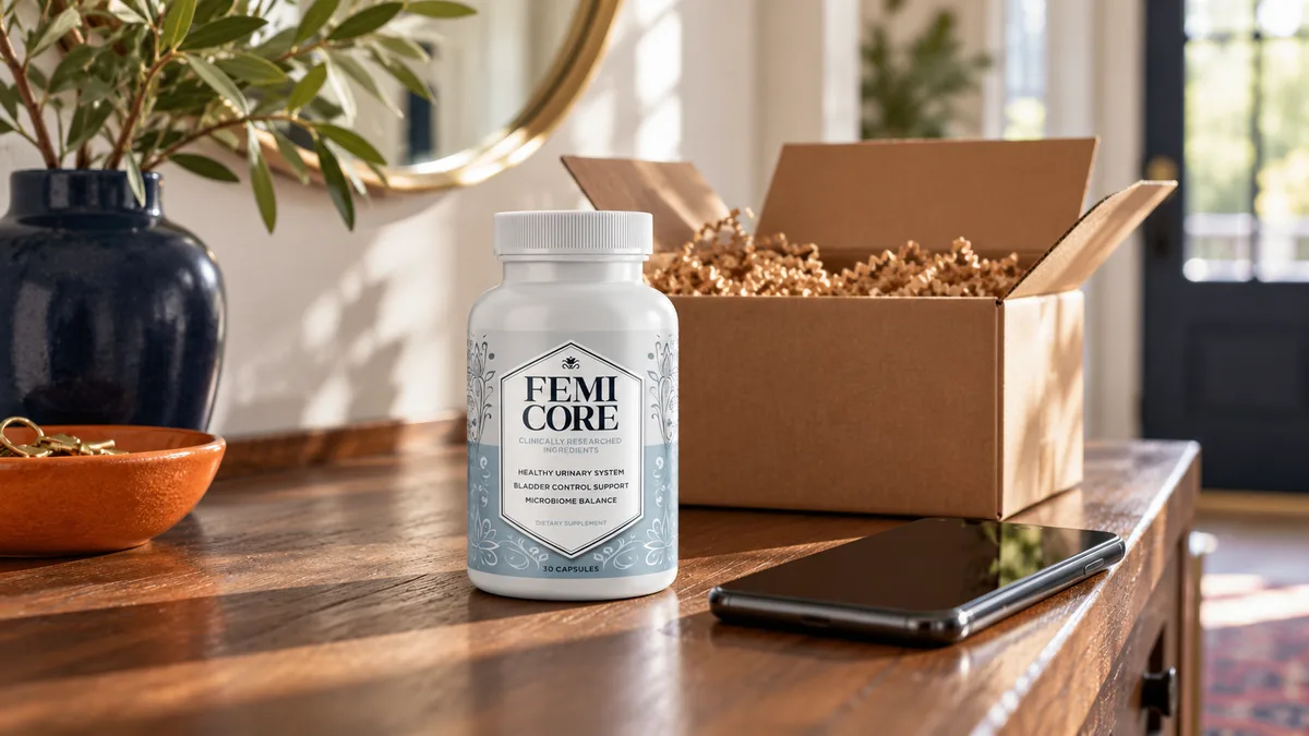 FemiCore order: a FemiCore bottle beside a half-opened cardboard shipping box and a smartphone on a hallway console table