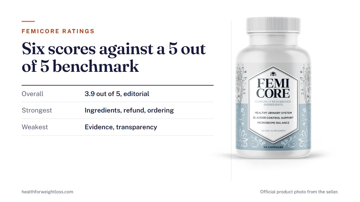 FemiCore ratings: the official FemiCore bottle beside our six editorial scores compared with a perfect 5 out of 5 benchmark