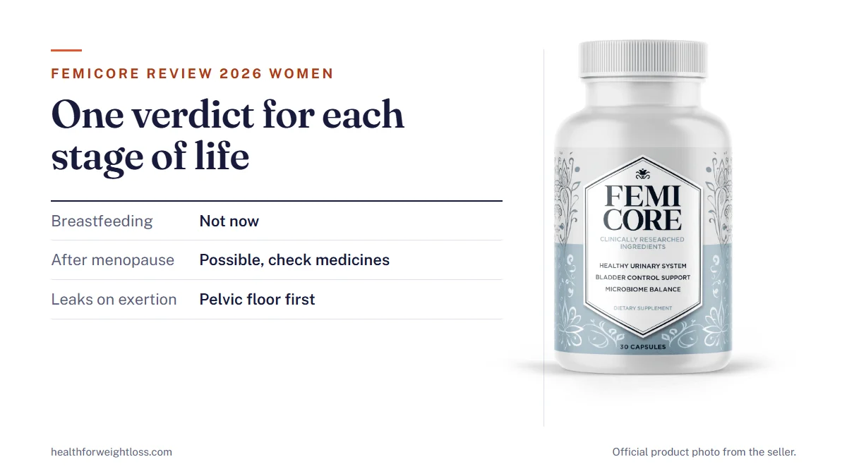 FemiCore review 2026 women: the official FemiCore bottle beside a verdict for four life stages, from after a baby