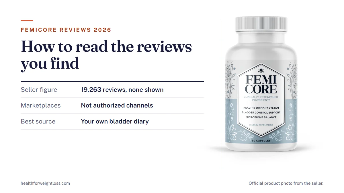 FemiCore reviews 2026: the official FemiCore bottle beside a guide to where reviews appear and how to judge them