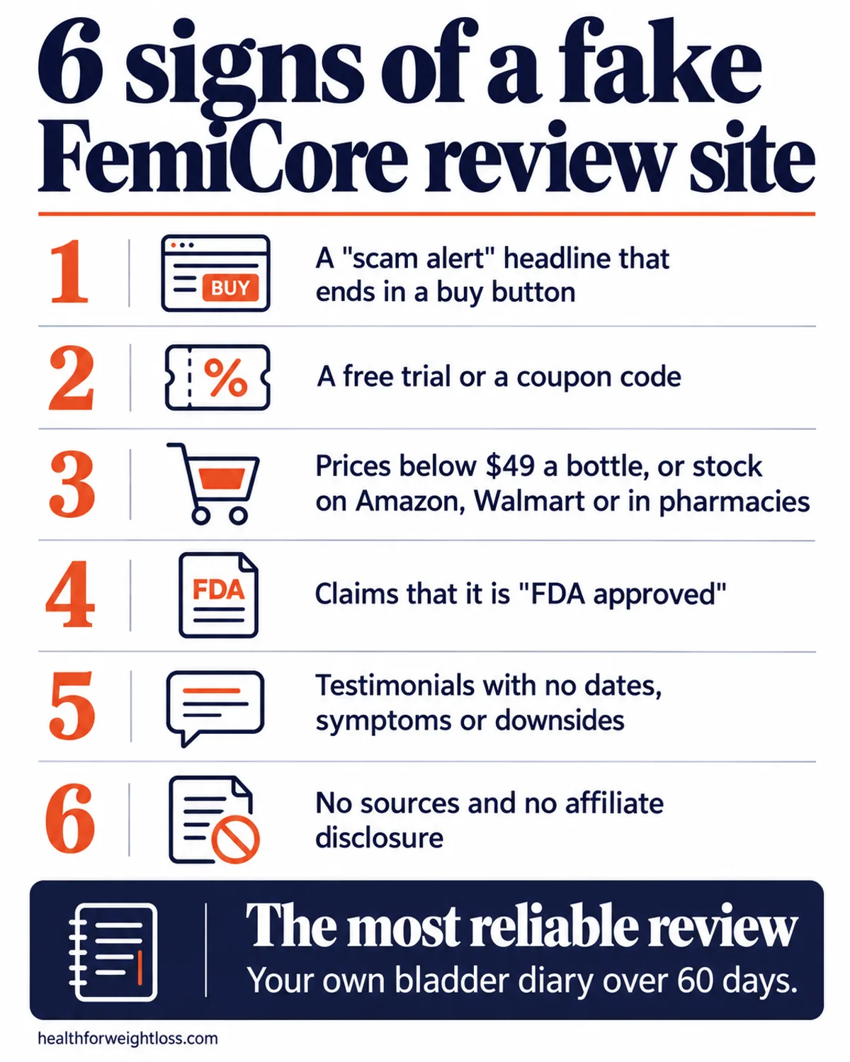 FemiCore reviews and ratings infographic: six warning signs of a fake review site