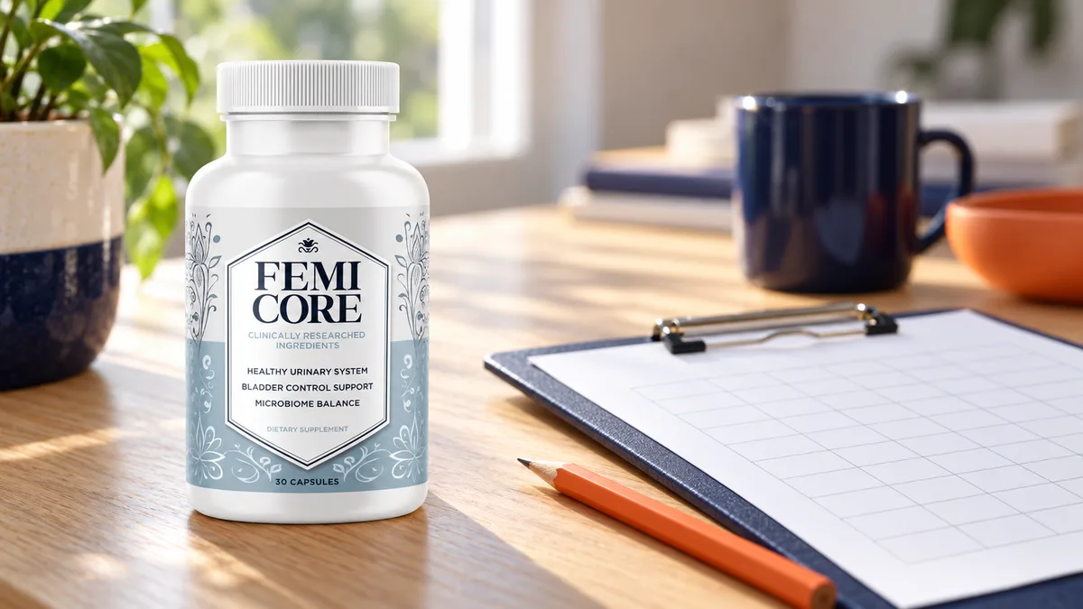 FemiCore reviews and ratings: a FemiCore bottle on a desk next to a clipboard with a blank scoring sheet and a pencil