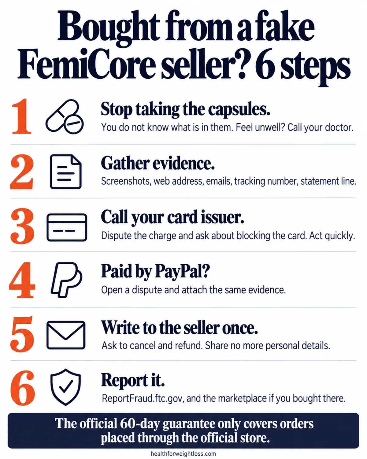 femicore scam infographic: six steps to take if you bought from a fake FemiCore seller
