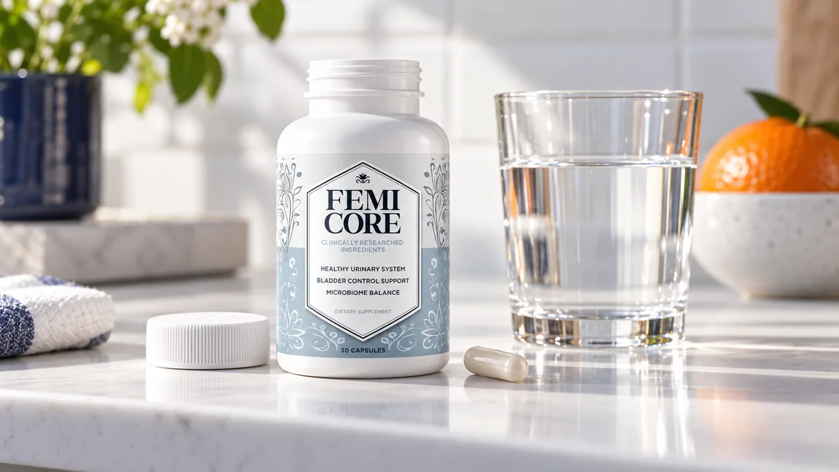 FemiCore supplement: FemiCore bottle with its cap beside it and a single capsule next to a glass of water