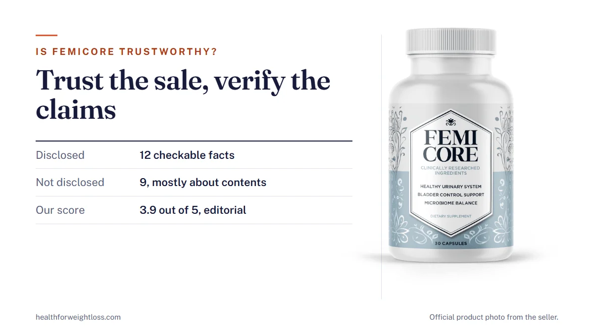 Is FemiCore trustworthy: the official FemiCore bottle beside a scorecard of what the seller discloses and what it keeps back