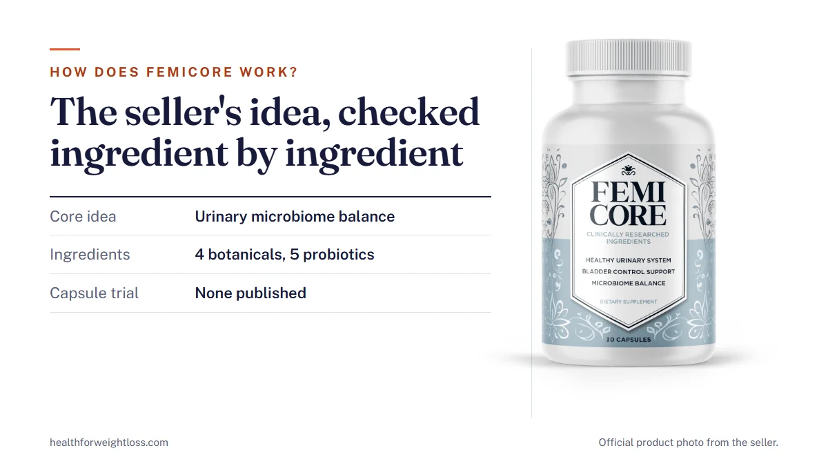 How does FemiCore work: the official FemiCore bottle beside the seller's urinary microbiome idea