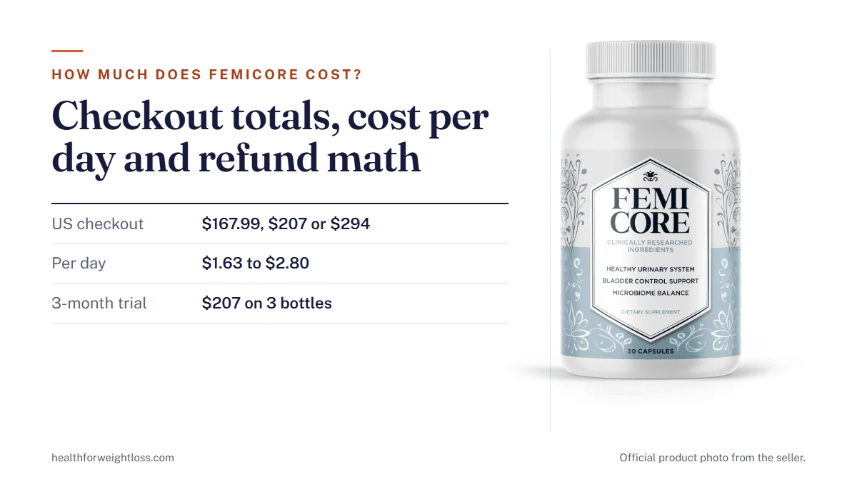 How much does FemiCore cost: the official FemiCore bottle beside the checkout totals for 2, 3 and 6 bottles
