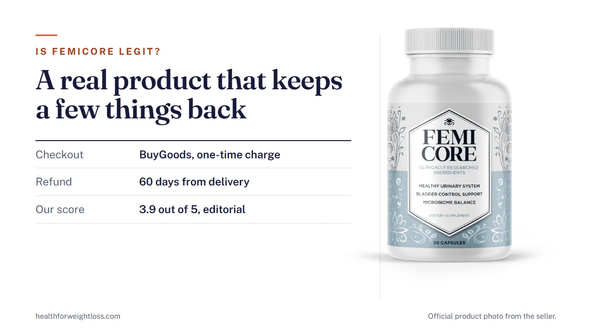 Is FemiCore legit: the official FemiCore bottle beside our trust check of the checkout, the refund terms