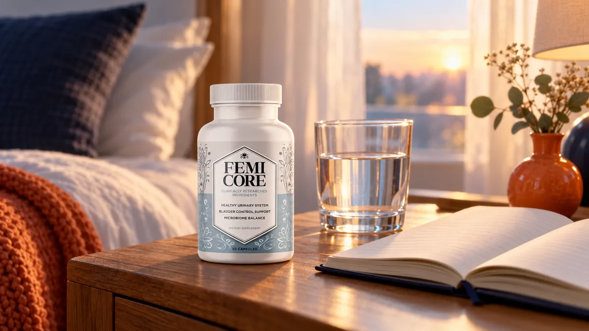 What are the benefits of FemiCore: FemiCore bottle on a bedside table at dawn beside a glass of water
