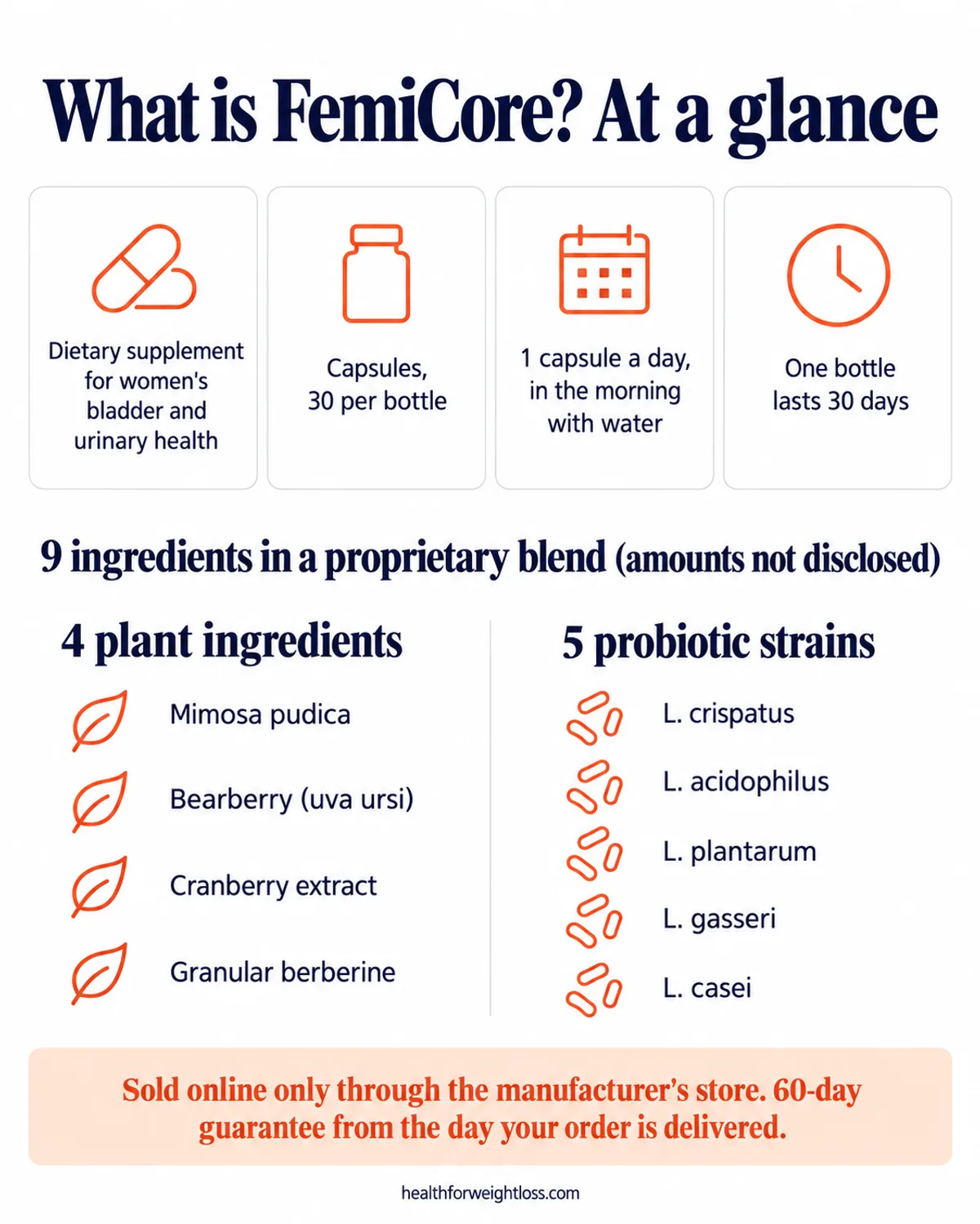 What is FemiCore infographic: form, daily dose, bottle size and the nine ingredients at a glance