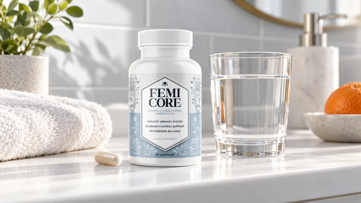 What is FemiCore: a single FemiCore bottle on a bright bathroom shelf with one capsule and a glass of water beside it