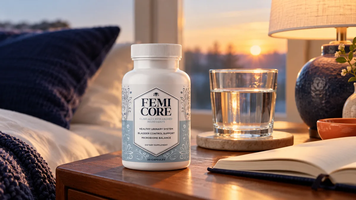 Who should use FemiCore: FemiCore bottle on a bedside table at dawn beside a lamp, a glass of water and an open notebook
