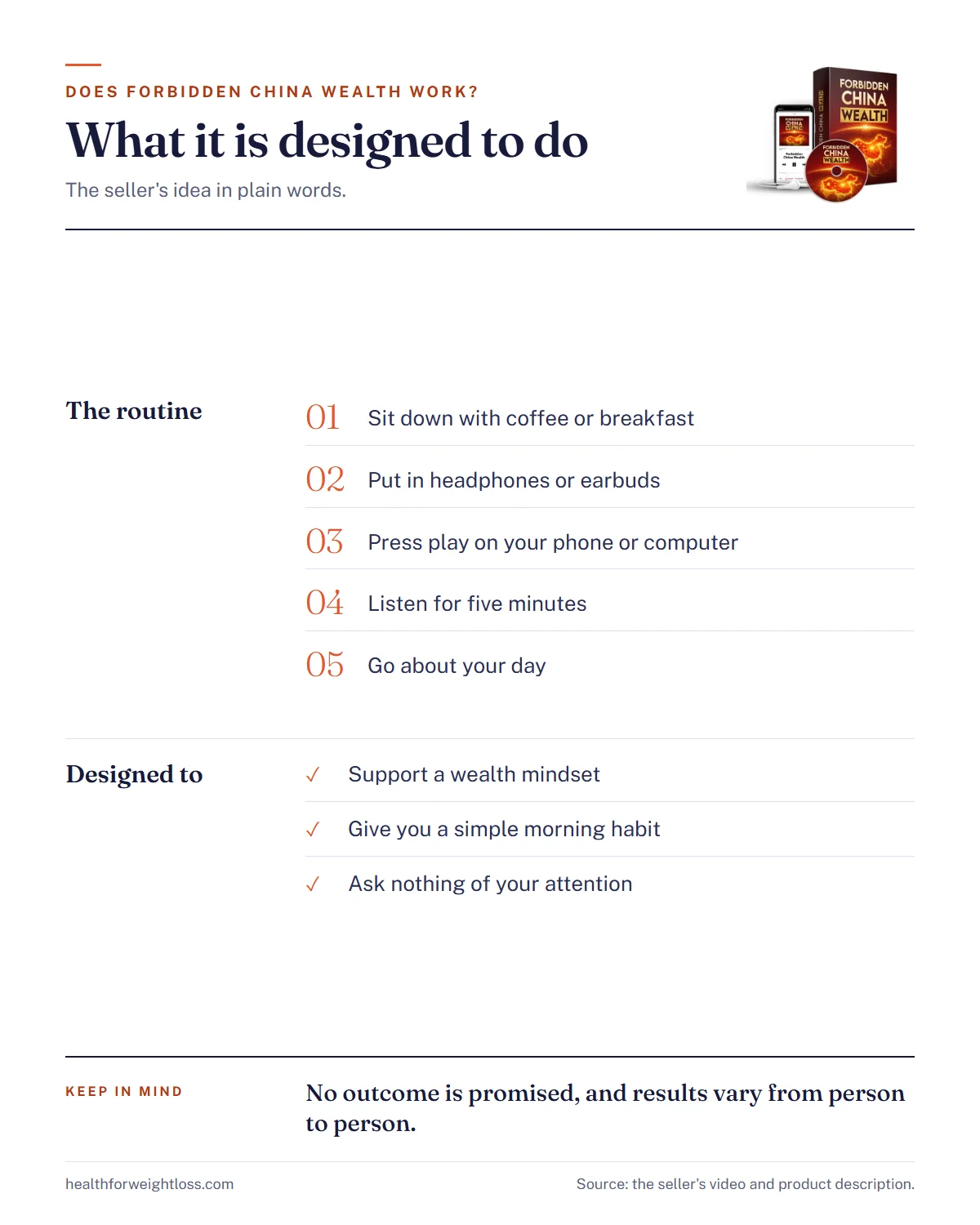 Does Forbidden China Wealth work infographic: what the seller says it is designed to do and the five-minute morning routine