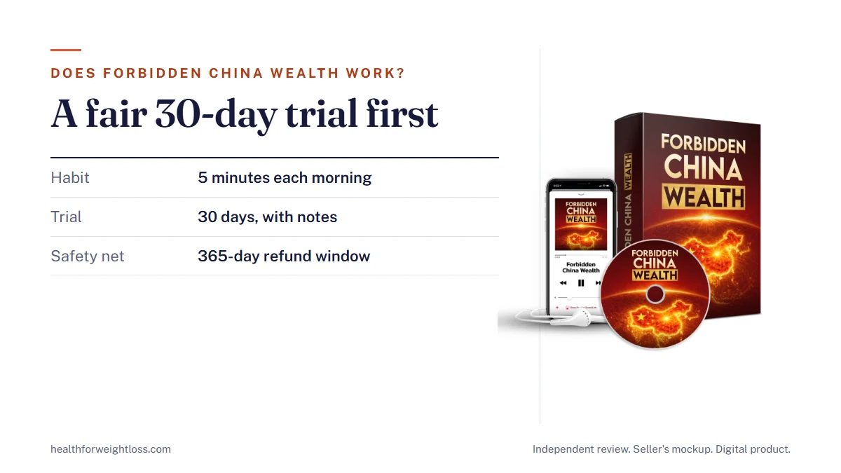 Does Forbidden China Wealth work: the seller's mockup beside a fair 30-day trial plan and the 365-day money-back guarantee