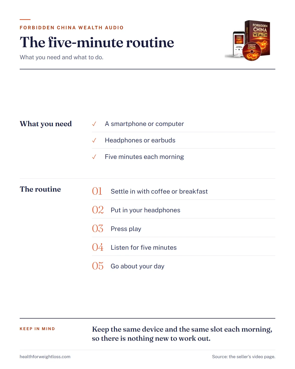 Forbidden China Wealth audio infographic: what you need and the five-minute morning routine in four steps