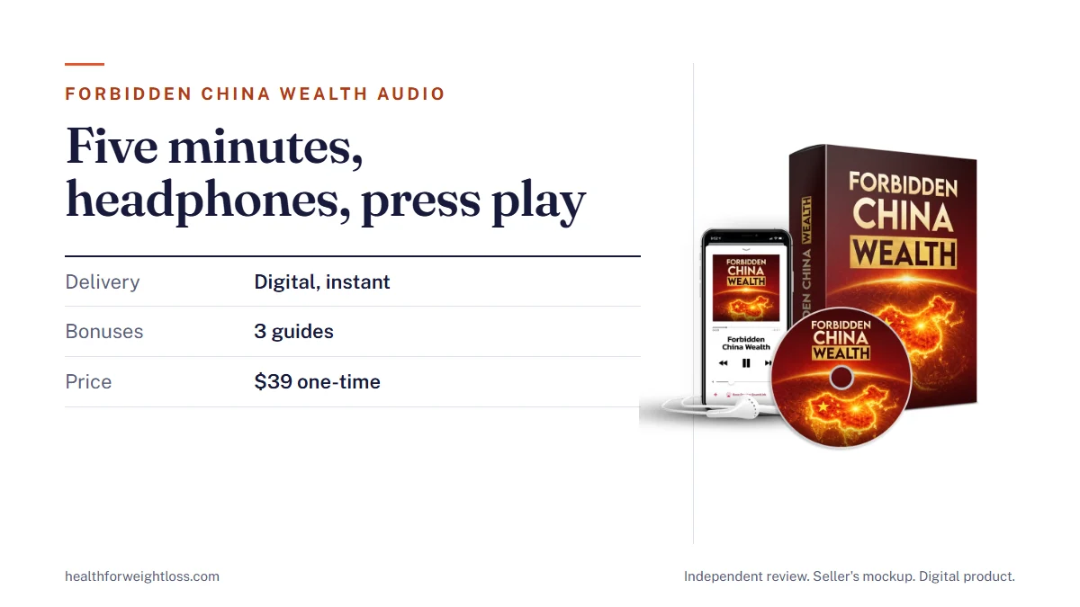 Forbidden China Wealth audio: the seller's mockup beside the five-minute morning routine, the three bonus guides