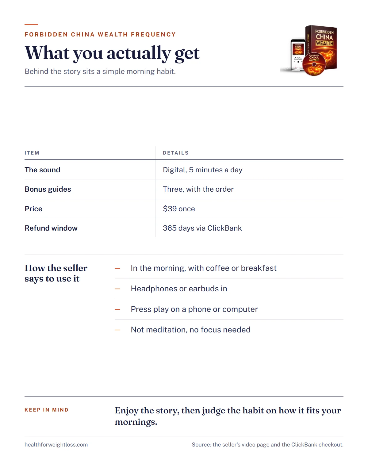 Forbidden China Wealth frequency infographic: how the seller says the sound is used and what the offer includes