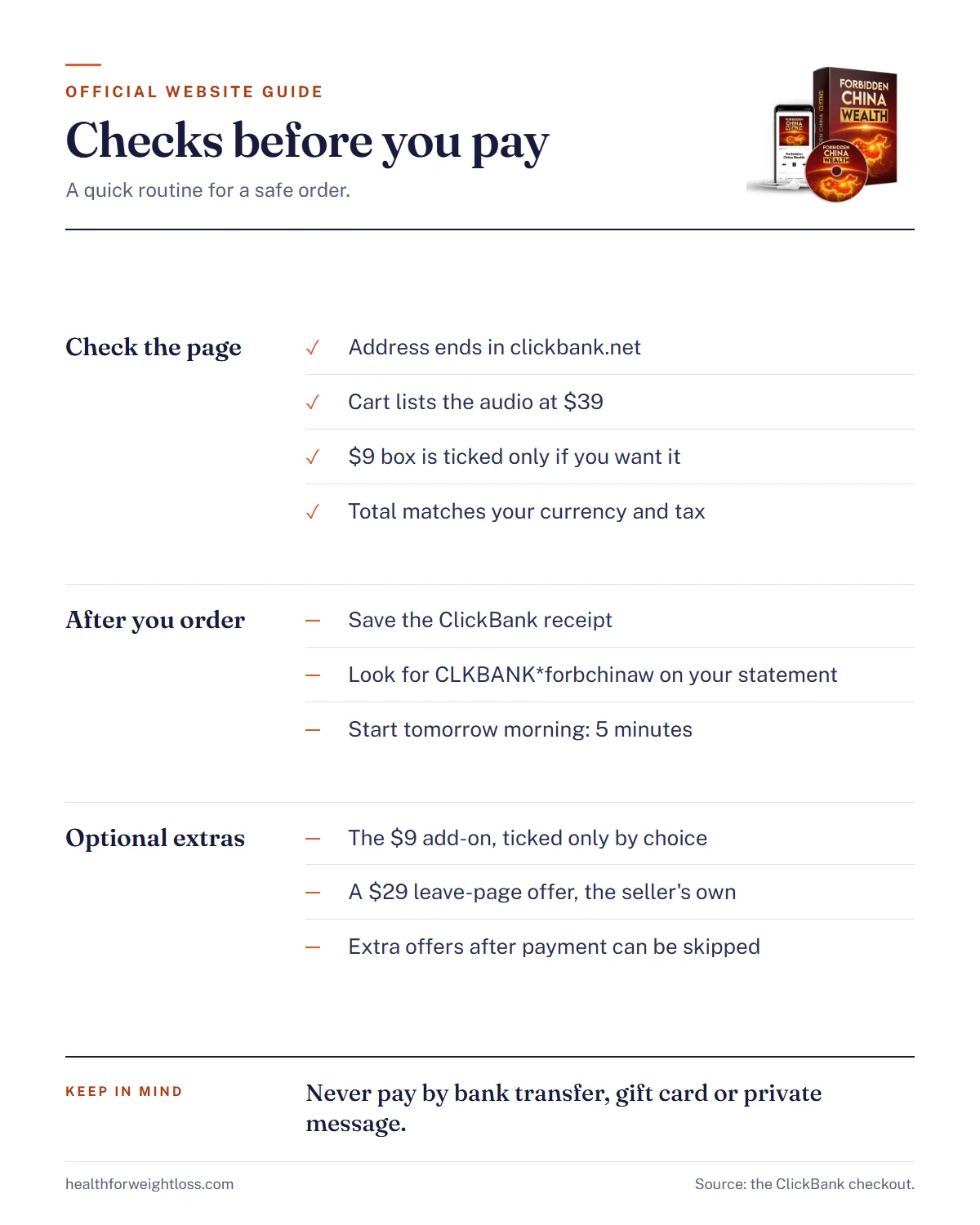 Forbidden China Wealth official website infographic: checks before you pay and what to keep after you order
