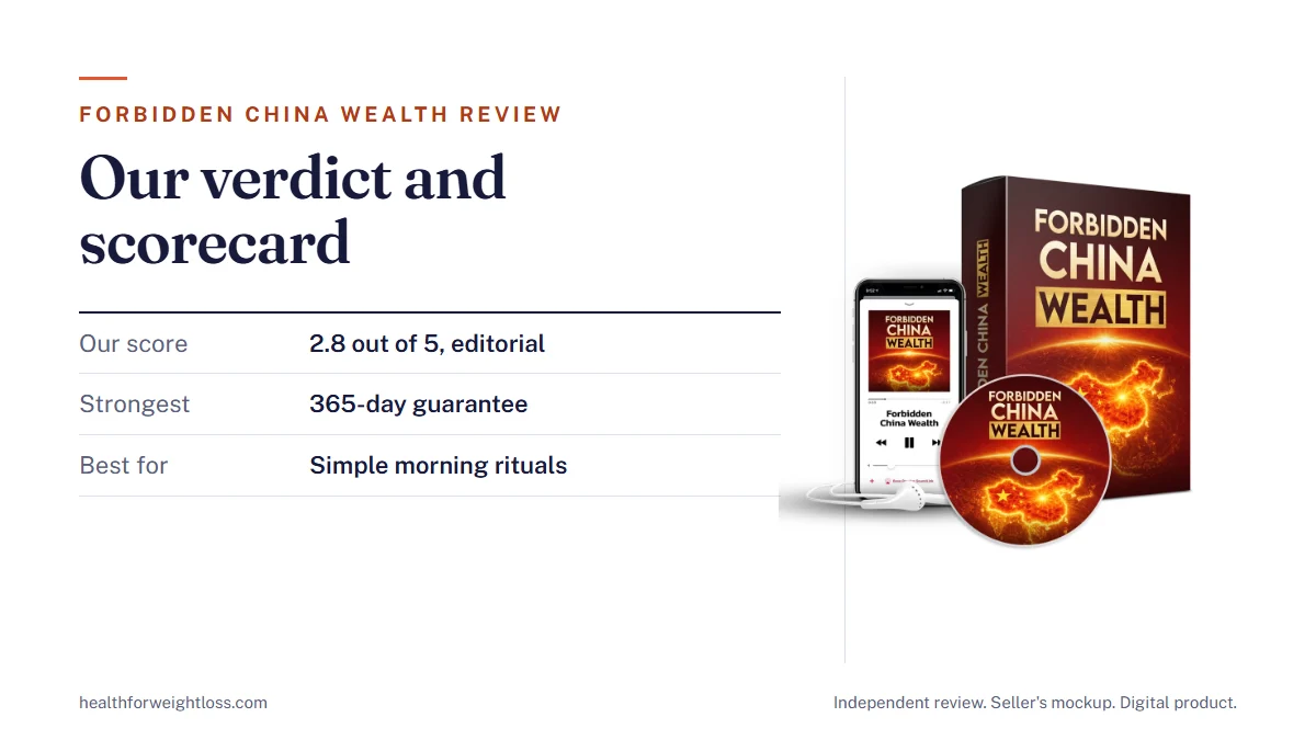 Forbidden China Wealth review: the seller's product mockup beside our 2.8 out of 5 editorial score, the strongest points
