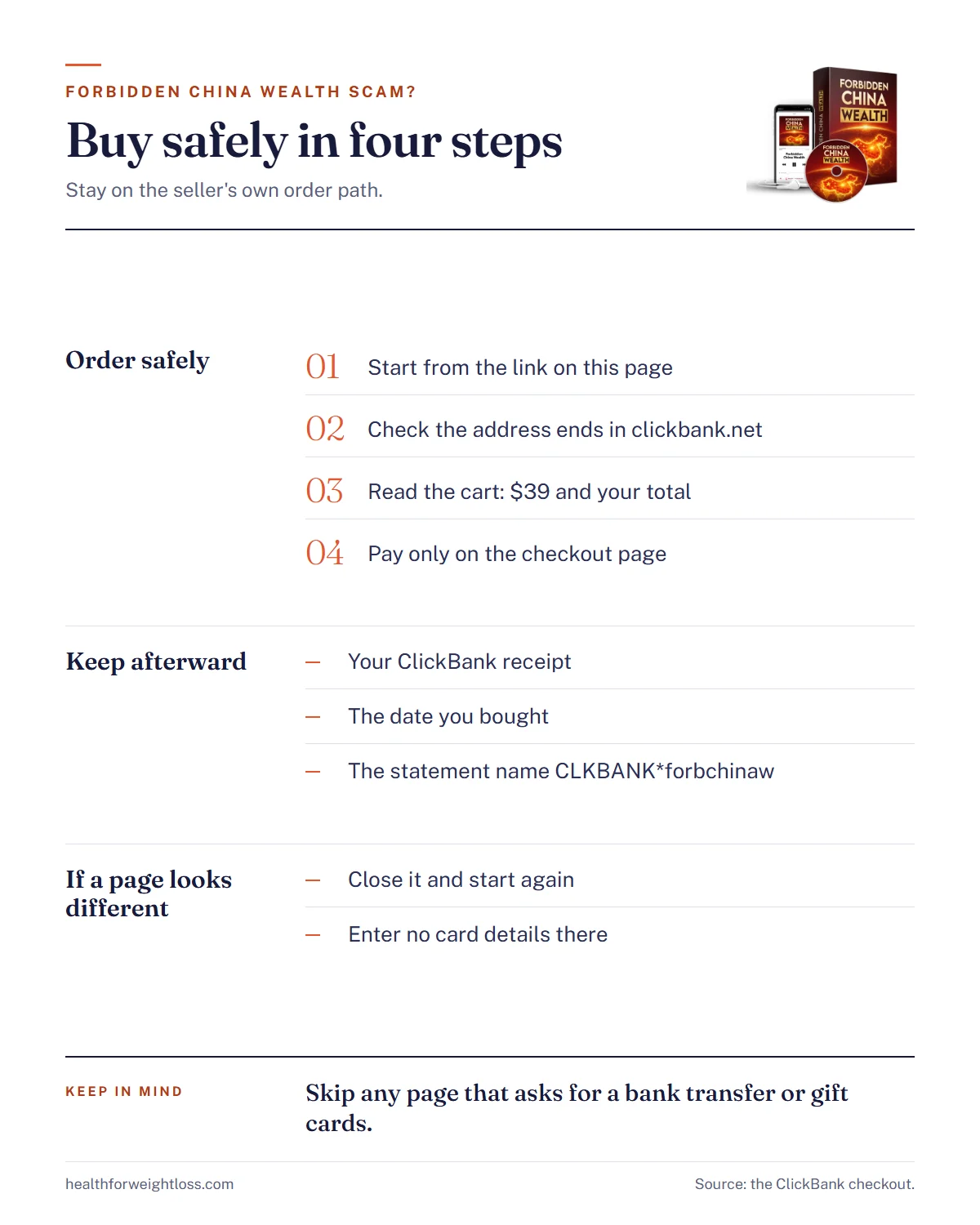 Forbidden China Wealth scam infographic: four steps for buying safely and what to keep after you order