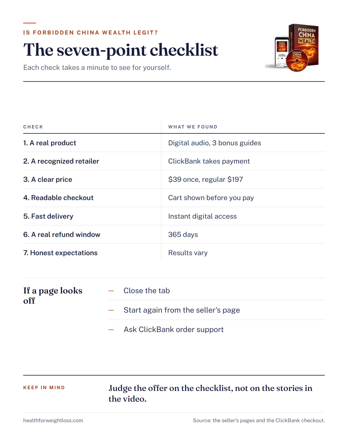 Is Forbidden China Wealth legit infographic: the seven-point checklist with what we found for each check