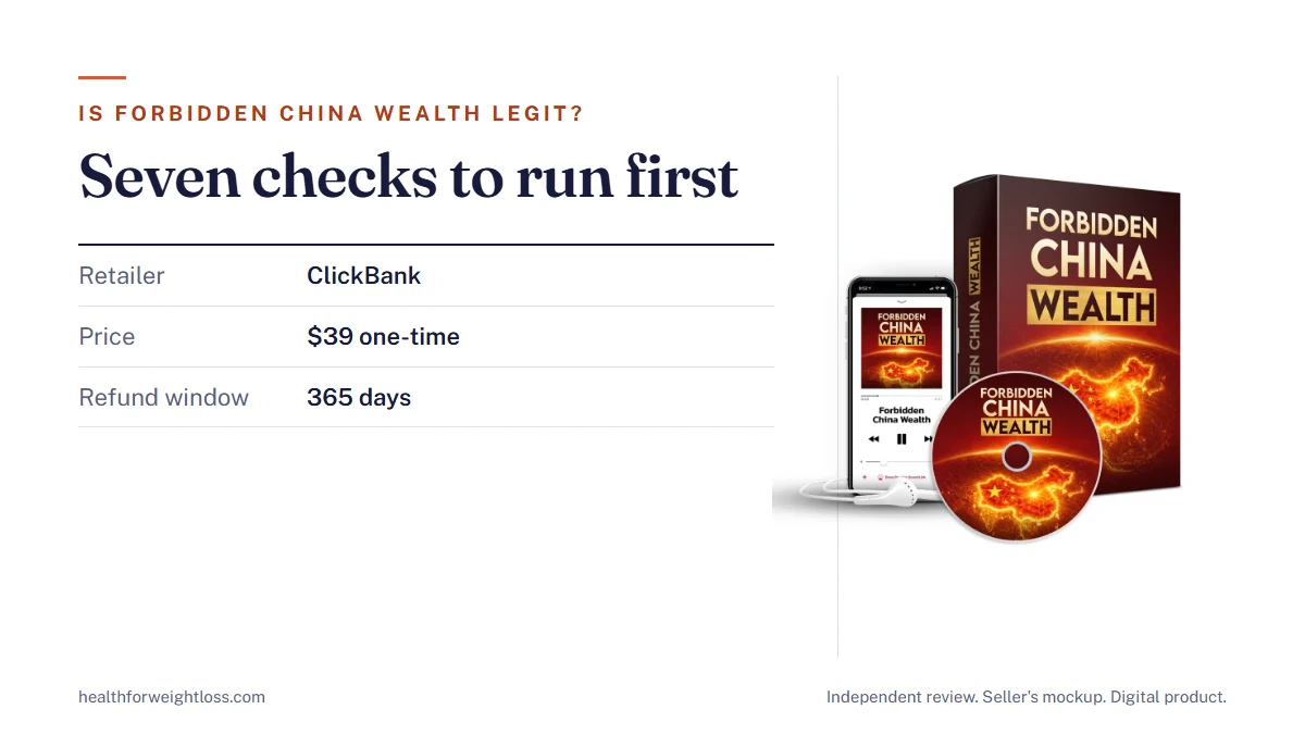 Is Forbidden China Wealth legit: the seller's product mockup beside a seven-point safe-buying checklist