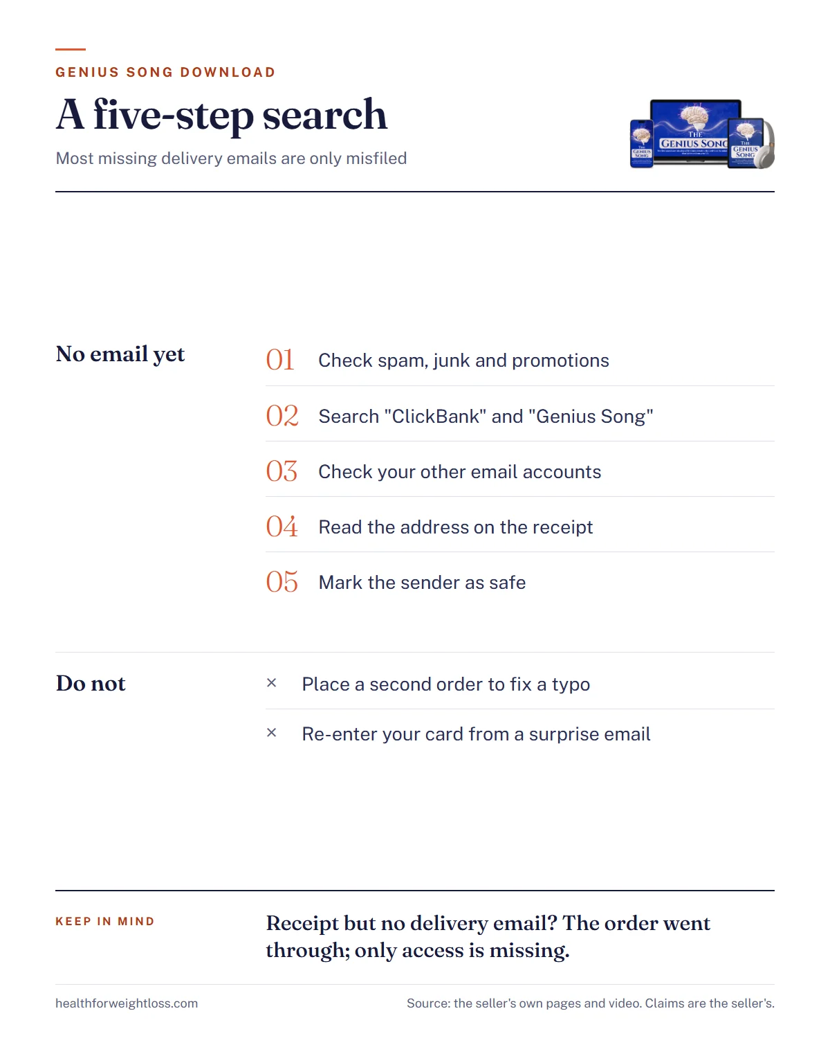 The Genius Song download infographic: a five-step search for a missing delivery email, from spam folders