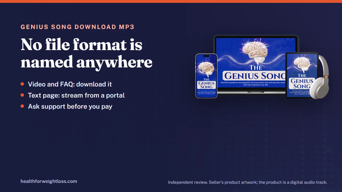 The Genius Song download MP3: the seller's product artwork beside a note that no file format is named on the seller's pages
