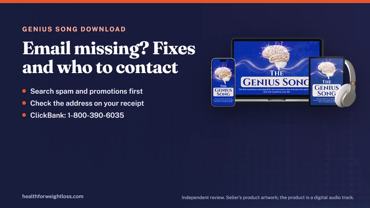 The Genius Song download: the seller's product artwork beside fixes for a missing email, a new device
