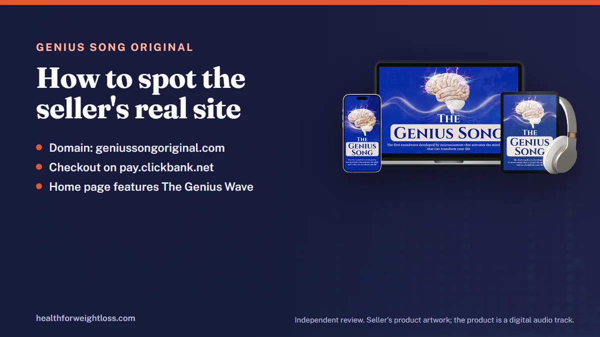 The Genius Song original: the seller's product artwork beside the real domain, checkout address and signs of a copy