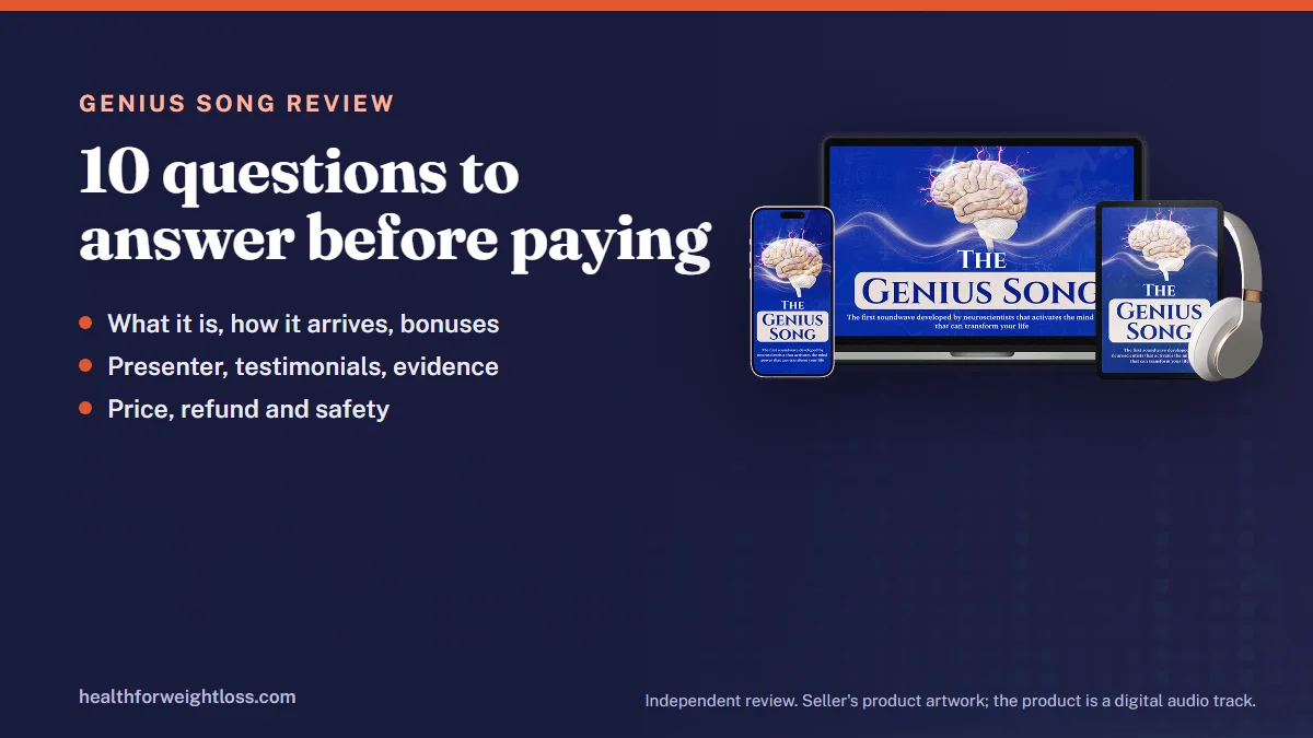 The Genius Song review: the seller's product artwork beside the first of ten questions to answer before paying $39
